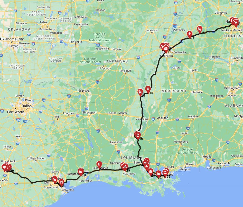 Map for Nashville to Austin